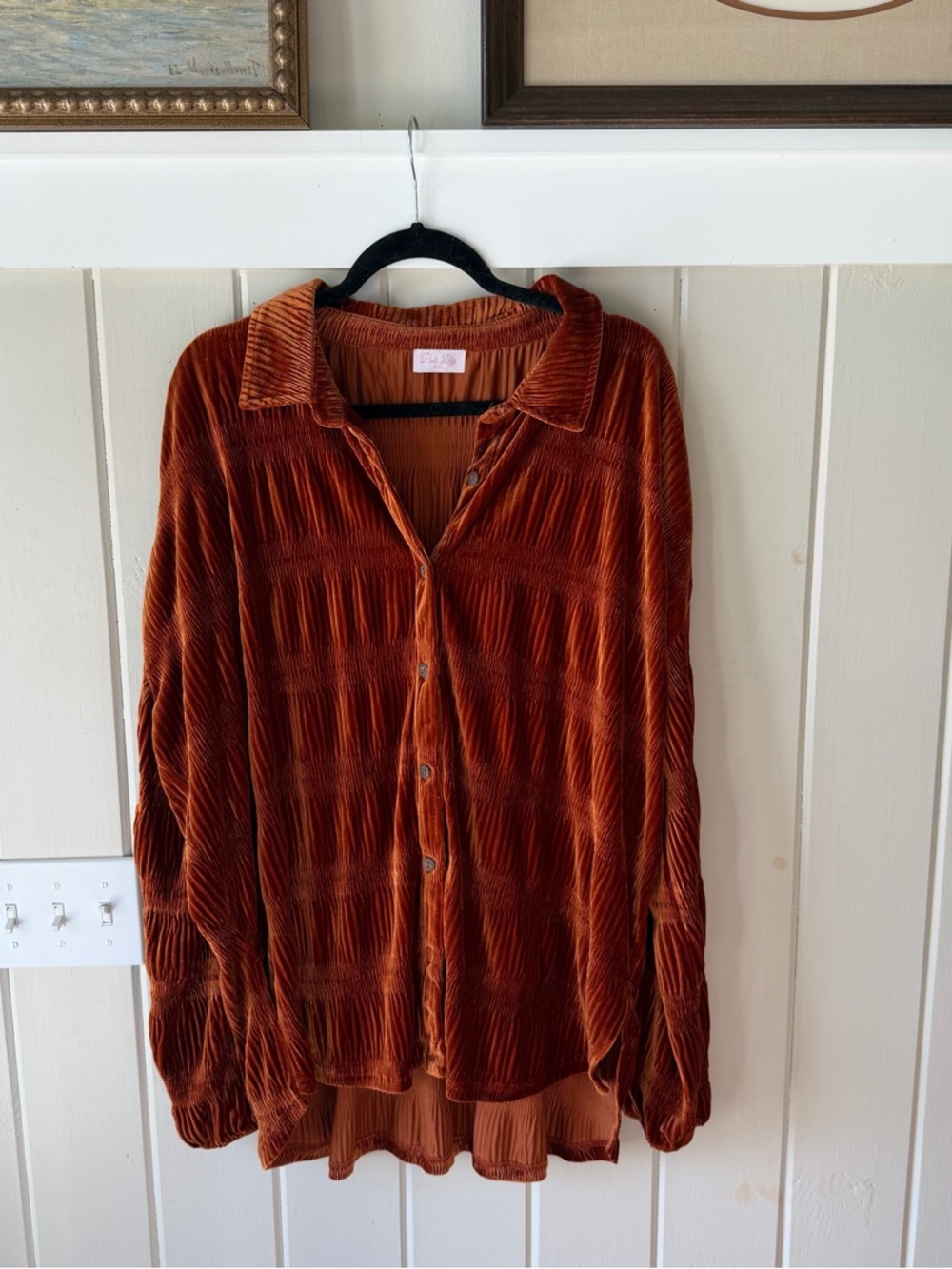 Pink Lily Rust Orange Crushed Velvet Button Up Top, Oversized, Size 2X